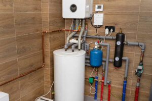 The picture shows a water tank with a combi boiler.